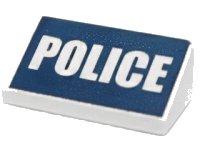 LEGO part Slope 30 1 x 2 x 2/3 with White 'POLICE' on Dark Blue Background Pattern 85984pb070