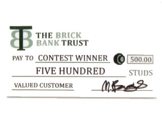LEGO onderdeel Tile 2 x 4 with 'THE BRICK BANK TRUST PAY TO CONTEST WINNER FIVE HUNDRED STUDS' Check Pattern (87079pb0257)
