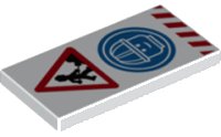LEGO part Tile 2 x 4 with Minifigure Worker with Shovel and Pile, Head with Construction Helmet in Blue Circle, and Red Danger Stripes Pattern 87079pb0704