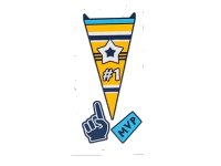 LEGO part Tile 2 x 4 with Yellow Pennant with Star and '#1', Dark Blue 'MVP' and Pointing Finger Hand Pattern (Sticker) - Set 41328 87079pb0816