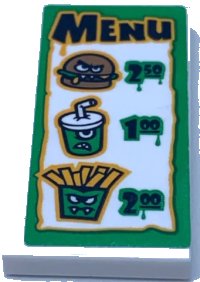 LEGO part Tile 2 x 4 with 'MENU', Burger '250', Soda '100' and Fries '200' Pattern (Sticker) - Set 31104 87079pb1062