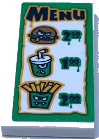 LEGO onderdeel Tile 2 x 4 with 'MENU', Burger '250', Soda '100' and Fries '200' Pattern (Sticker) - Set 31104 (87079pb1062)