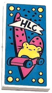 LEGO part Tile 2 x 4 with 'HLC', Bright Light Yellow Hamster Driving Car and Dark Pink Heart on Dark Azure Background Pattern (Sticker) - Set 41383 87079pb1202