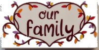 LEGO part Tile 2 x 4 with Reddish Brown 'our family' in Heart Shaped Branch with Red, Orange, Yellow and Medium Lavender Leaves Pattern 87079pb1371