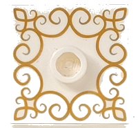LEGO part Plate, Modified 2 x 2 with Groove and 1 Stud in Center with Gold Filigree Pattern 87580pb002