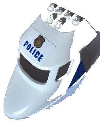 LEGO onderdeel Aircraft Fuselage Forward Top Curved 6 x 10 x 4 with 3 Window Panes with 'POLICE' and Badge on Top and Blue Triangle Pattern on Both Sides (Stickers) - Set 60138 (87613pb014)