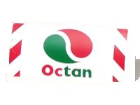 LEGO part Slope, Curved 2 x 4 x 2/3 with Bottom Tubes with Octan Logo and Red and White Danger Stripes on Outside Edges Pattern (Sticker) - Set 60022 88930pb057