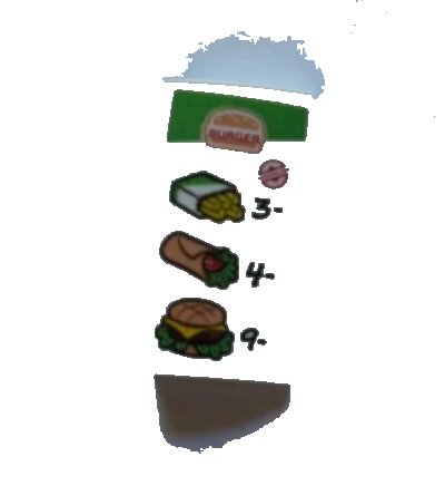 LEGO onderdeel Slope, Curved 2 x 4 x 2/3 with Bottom Tubes with Menu, 'BURGER', Fries, Wrap, Cheeseburger, '3-', '4-', and '9-' Pattern (Sticker) - Set 60214 (88930pb119)