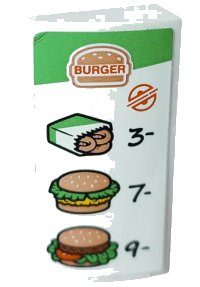 LEGO onderdeel Slope, Curved 2 x 4 x 2/3 with Bottom Tubes with Menu, 'BURGER', Onion Rings, Chicken Sandwich, Hamburger, '3-', '7-', and '9-' Pattern (Sticker) - Set 60214 88930pb120