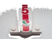 LEGO onderdeel Wedge 4 x 2 x 1 1/3 with 1 x 4 Base with Red Number 5 and Octan Logo on Red Stripe Pattern (Sticker) - Set 60025 93589pb004