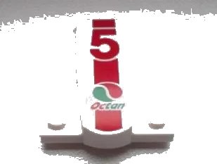 LEGO onderdeel Wedge 4 x 2 x 1 1/3 with 1 x 4 Base with Red Number 5 and Octan Logo on Red Stripe Pattern (Sticker) - Set 60025 (93589pb004)
