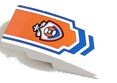 LEGO part Slope, Curved 4 x 2 with Blue Arrow and Coast Guard Logo on Orange Background Pattern (Sticker) - Set 60011 (93606pb011)