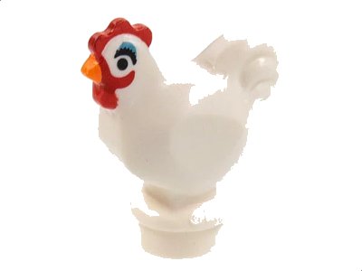 LEGO onderdeel Chicken, Narrow Base with Black Eyes, Orange Beak, Medium Blue Eye Shadow, and Red Comb and Wattle Pattern (Camilla) (95342pb02)