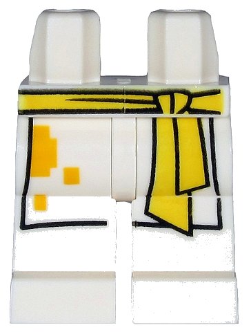 LEGO onderdeel Hips and Legs with Yellow Sash and White Apron with Bright Light Orange Spots Pattern (970c00pb1078)
