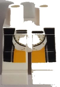 LEGO part Hips and Legs with Black and Bright Light Orange Stripes and Stitching Pattern 970c00pb1249