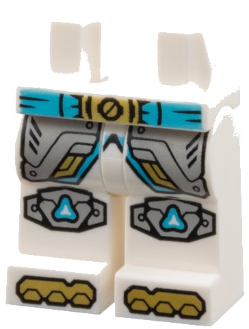 LEGO part Hips and Legs with Medium Azure Belt with Gold Buckle, Light Bluish Gray Armor Panels with Trim and Rivets, Knee Pads, Shoe Tips Pattern (970c00pb1721)
