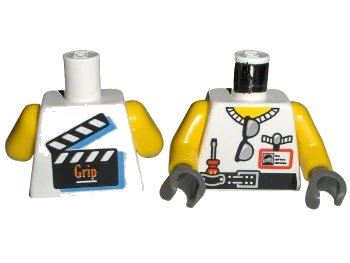 LEGO onderdeel Torso Studios Grip Sunglasses, Screwdriver, Film Slate on Back Pattern / Yellow Arms / Dark Gray Hands (973PX75C01)