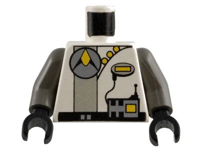 LEGO onderdeel Torso Space Exploriens Silver Circle Logo and Radio, Light Gray Stripe, Yellow Buttons, Black Belt Pattern / Dark Gray Arms / Black Hands (973pb0004c01)