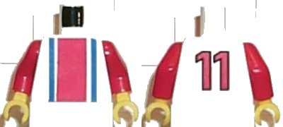 LEGO onderdeel Torso Soccer Vertical Red and Blue Stripes and Number 11 on Back Pattern / Red Arms / Yellow Hands (973pb0104c01)