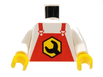 LEGO onderdeel Torso Overalls Red with Black Wrench Head in Yellow Hexagon Pattern / White Arms / Yellow Hands (973pb0113c01)