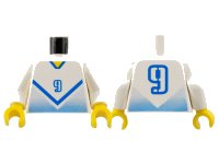 LEGO part Torso Soccer Blue Chevron, Number 9, and Yellow Neck Pattern / White Arms / Yellow Hands 973pb0172c01