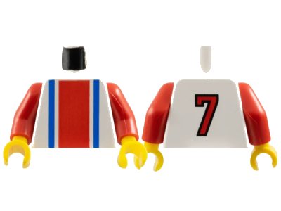 LEGO onderdeel Torso Soccer Vertical Red and Blue Stripes and Number 7 on Back Pattern / Red Arms / Yellow Hands (973pb0254c01)
