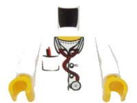 LEGO part Torso Hospital Lab Coat, Open Collar, Stethoscope, Pocket Pen, and Thermometer Pattern / White Arms / Yellow Hands 973pb0408c01