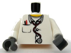 LEGO part Torso Hospital Lab Coat, Open Collar, Stethoscope, Pocket Pen, and Thermometer Pattern / White Arms / Dark Bluish Gray Hands (973pb0408c02)