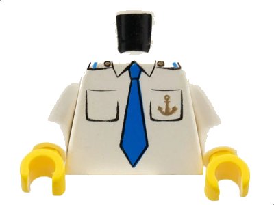 LEGO onderdeel Torso Boat Anchor Logo, Blue Tie, Two Pockets Pattern / White Arms / Yellow Hands (973pb0434c01)