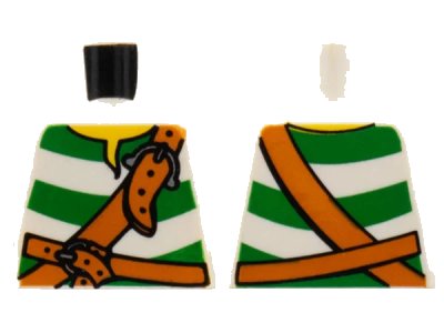 LEGO onderdeel Torso Pirate Shirt with Green Stripes, Dark Orange Belts with Silver Buckles, Yellow Neck Pattern (973pb0521)