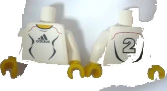 LEGO onderdeel Torso Soccer Adidas Logo, White and Black No. 2 Pattern (Stickers) / White Arms / Yellow Hands (973pb0559c01)