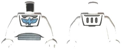 LEGO onderdeel Torso Spacesuit with Medium Blue Star Command Logo, Dark Bluish Gray Neck and Stomach Panels Pattern / White Arms / White Hands (973pb0633c01)