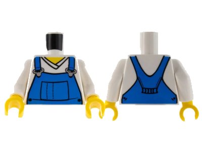 LEGO onderdeel Torso V-Neck Shirt with Blue Overalls - Printed Back Pattern / White Arms / Yellow Hands (973pb0649c01)