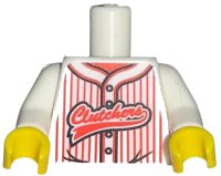 LEGO part Torso Baseball Jersey with Vertical Red Stripes, Buttons, and 'Clutchers' Logo Pattern / White Arms / Yellow Hands 973pb0788c01