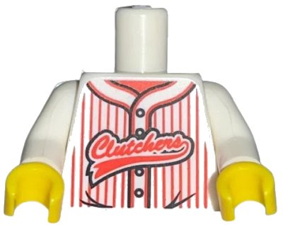 LEGO onderdeel Torso Baseball Jersey with Vertical Red Stripes, Buttons, and 'Clutchers' Logo Pattern / White Arms / Yellow Hands (973pb0788c01)