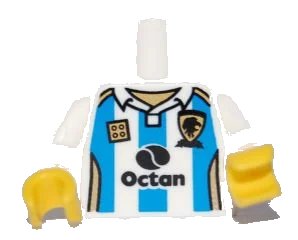 LEGO onderdeel Torso Soccer Octan Logo and Light Blue Stripes Pattern / White Arms / Yellow Hands (973pb0844c01)