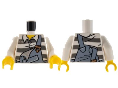 LEGO onderdeel Torso Town Prisoner Sand Blue Overalls over Shirt with Dark Bluish Gray Prison Stripes Pattern / White Arms / Yellow Hands (973pb0988c01)