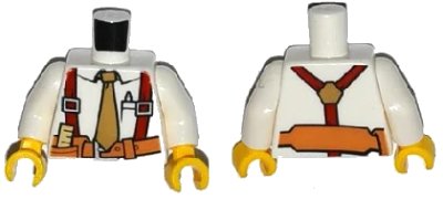 LEGO onderdeel Torso Shirt with Tan Tie, Red Suspenders, Brown Belt with Pocket with Ruler Pattern / White Arms / Yellow Hands (973pb1250c01)