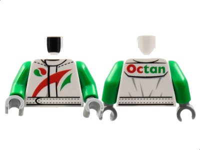 LEGO onderdeel Torso Octan Logo Jacket with Red and Green Stripe Pattern / Green Arms / Dark Bluish Gray Hands (973pb1373c01)