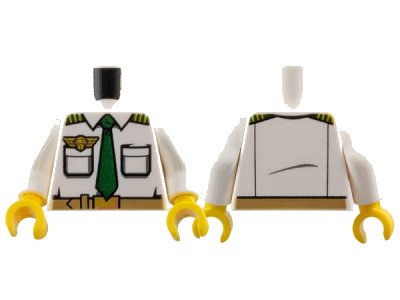 LEGO onderdeel Torso Airplane Pilot, Shirt with Dark Green Tie, Belt, Epaulettes and Gold Logo Pin Pattern / White Arms / Yellow Hands (973pb1433c01)
