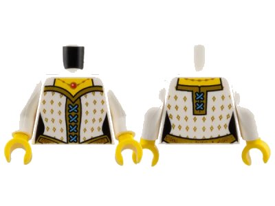 LEGO onderdeel Torso Castle Female Corset with Gold Diamonds, Blue Laces, Gold Belt and Necklace with Red Round Jewel Pattern / White Arms / Yellow Hands (973pb1468c01)