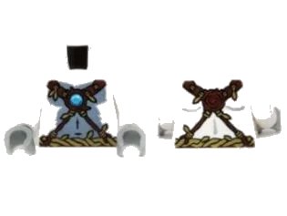 LEGO onderdeel Torso Bare Gray Chest, Rope and Vine Belt and Necklace with Blue Round Jewel (Chi) Pattern / White Arms / Light Bluish Gray Hands (973pb1475c01)