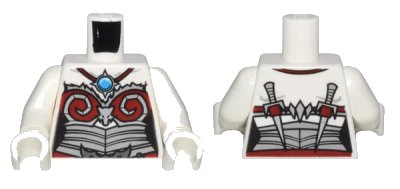 LEGO onderdeel Torso Chima Female Outline with Silver and Dark Red Armor and Blue Round Jewel (Chi) Pattern / White Arms / White Hands (973pb1476c01)