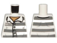 LEGO onderdeel Torso Town Prisoner Number 86753, Dark Bluish Gray Stripes, Buttons, Dark Tan Undershirt Pattern 973pb1557