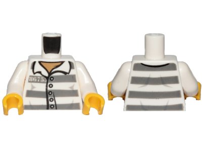 LEGO onderdeel Torso Town Prisoner Number 86753, Dark Bluish Gray Stripes, Buttons, Dark Tan Undershirt Pattern / White Arms / Yellow Hands (973pb1557c01)