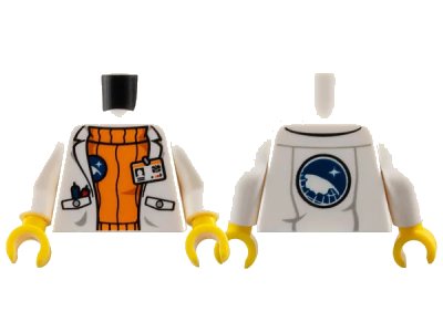 LEGO onderdeel Torso Lab Coat with Pockets and ID Badge over Orange Sweater, Arctic Explorer Logo on Reverse Pattern / White Arms / Yellow Hands (973pb1708c01)