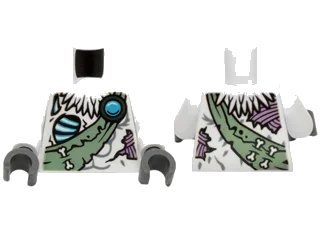 LEGO onderdeel Torso Feathers, Bones, Sand Green Sash, Medium Lavender Sinew Patches and Dark Azure Round Jewel (Chi) Pattern / White Arms / Dark Bluish Gray Hands (973pb1716c01)