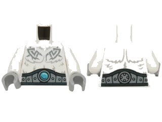 LEGO onderdeel Torso Fur with Dark Blue and Sand Blue Belt, Sand Blue Tribal Lines and Dark Azure Round Jewel (Chi) Pattern / White Arms / Light Bluish Gray Hands (973pb1878c01)