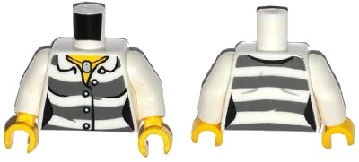 LEGO onderdeel Torso Town Prisoner Female, Dark Bluish Gray Stripes, Buttons and ID Tag Pattern / White Arms / Yellow Hands (973pb1887c01)