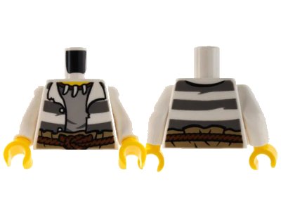LEGO onderdeel Torso Town Prisoner Jacket Open with Buttons and Dark Bluish Gray Stripes over Light Bluish Gray Shirt, Reddish Brown Rope Belt, Animal Tooth / Claw Necklace, Yellow Neck Pattern / White Arms / Yellow Hands (973pb1903c01)